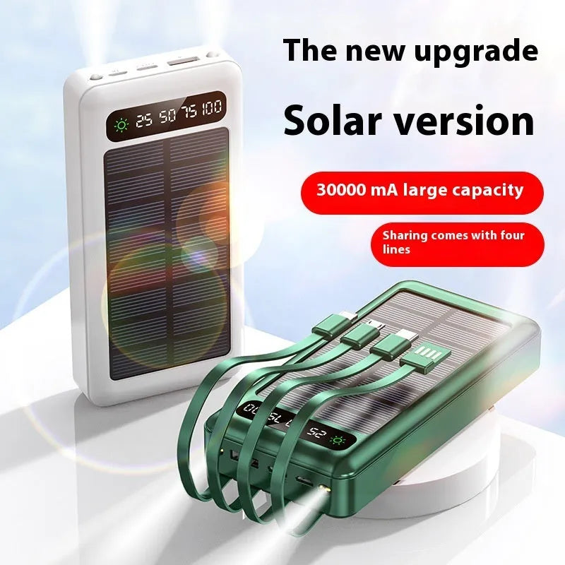 Black, white, and green solar power bank with 30000 mAh capacity and charging cable