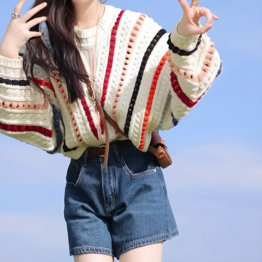 Rainbow striped loose fit sweater with batwing sleeves and round neck in retro colours