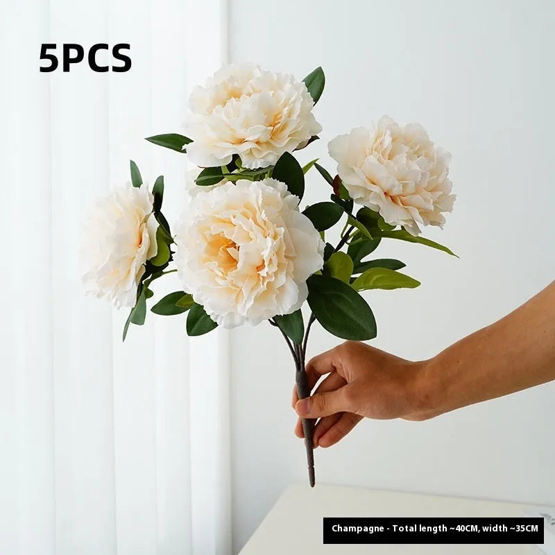 40cm artificial silk peony 5-head bouquet in light champagne colour on white background