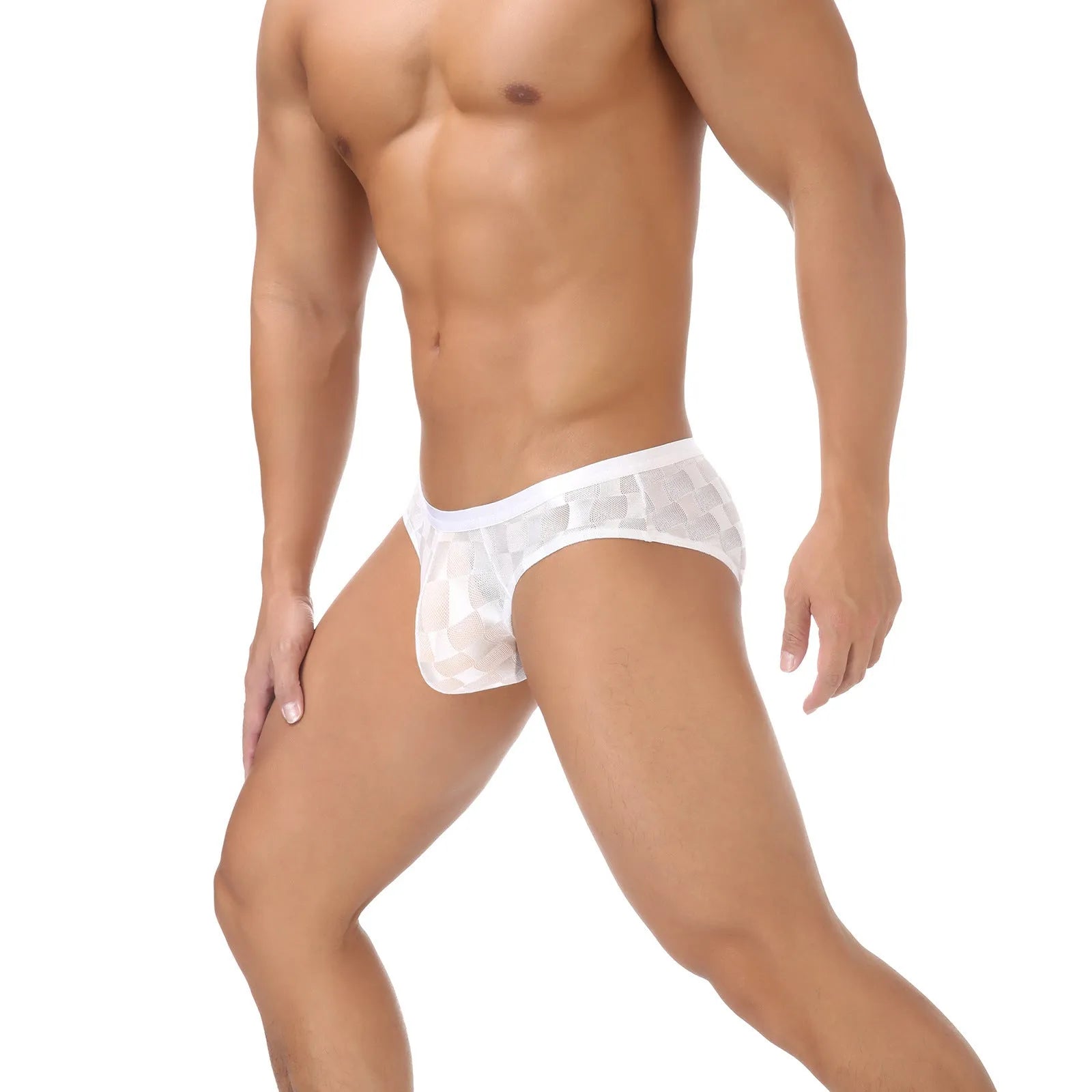 Men's black mesh briefs with plaid pattern showing U-convex construction and lace fabric detail