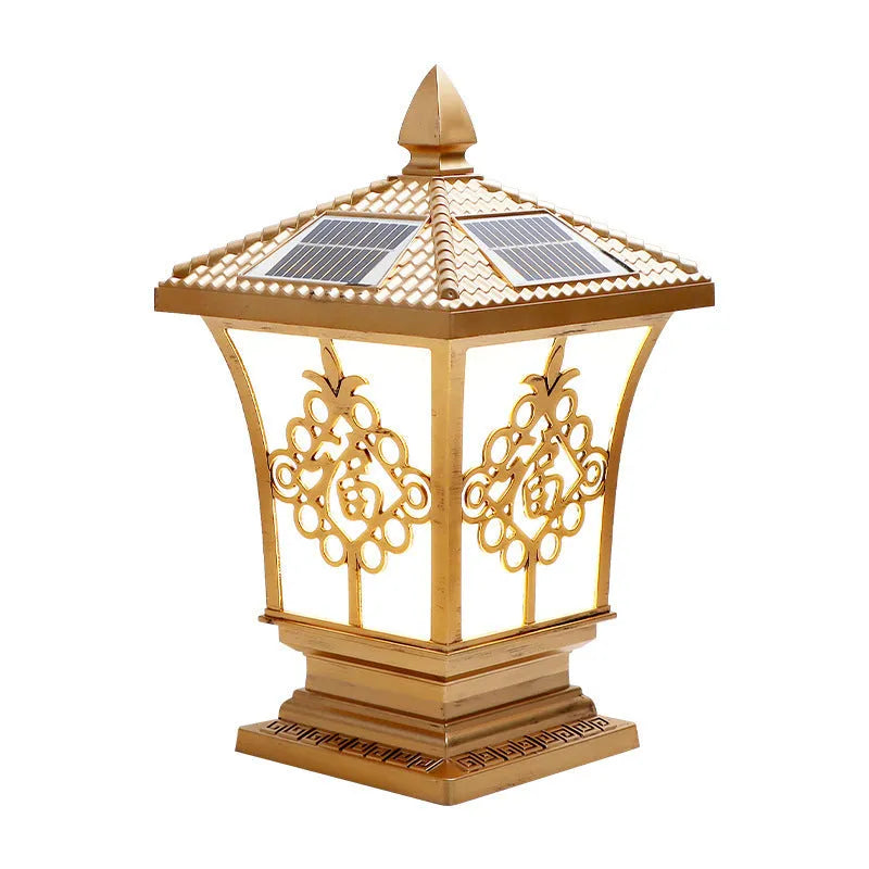 Black solar pillar lamp with flower shape, IP65 waterproof, 12W LED for outdoor garden lighting