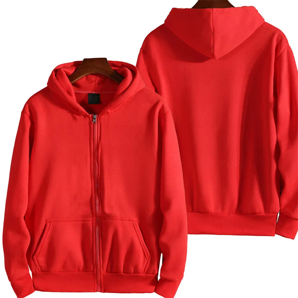 A man's loose fit solid colour zip-up sports jacket in a cardigan style.