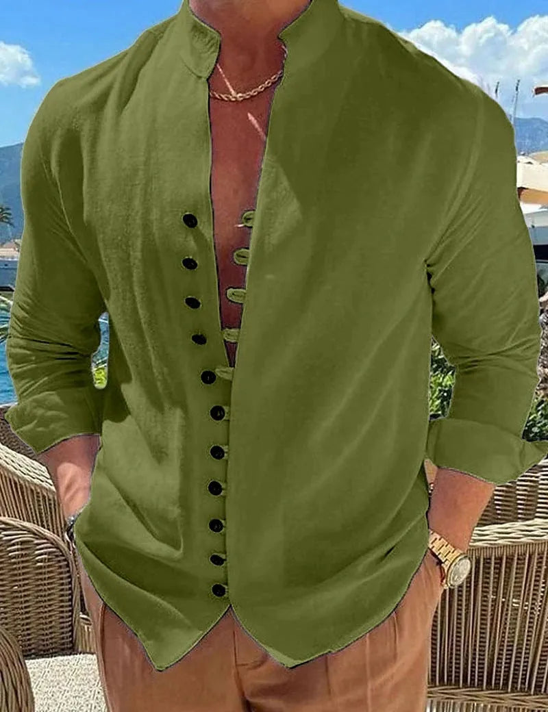 Men's retro button long-sleeved casual shirt in cotton-polyester blend, loose fit, standing collar