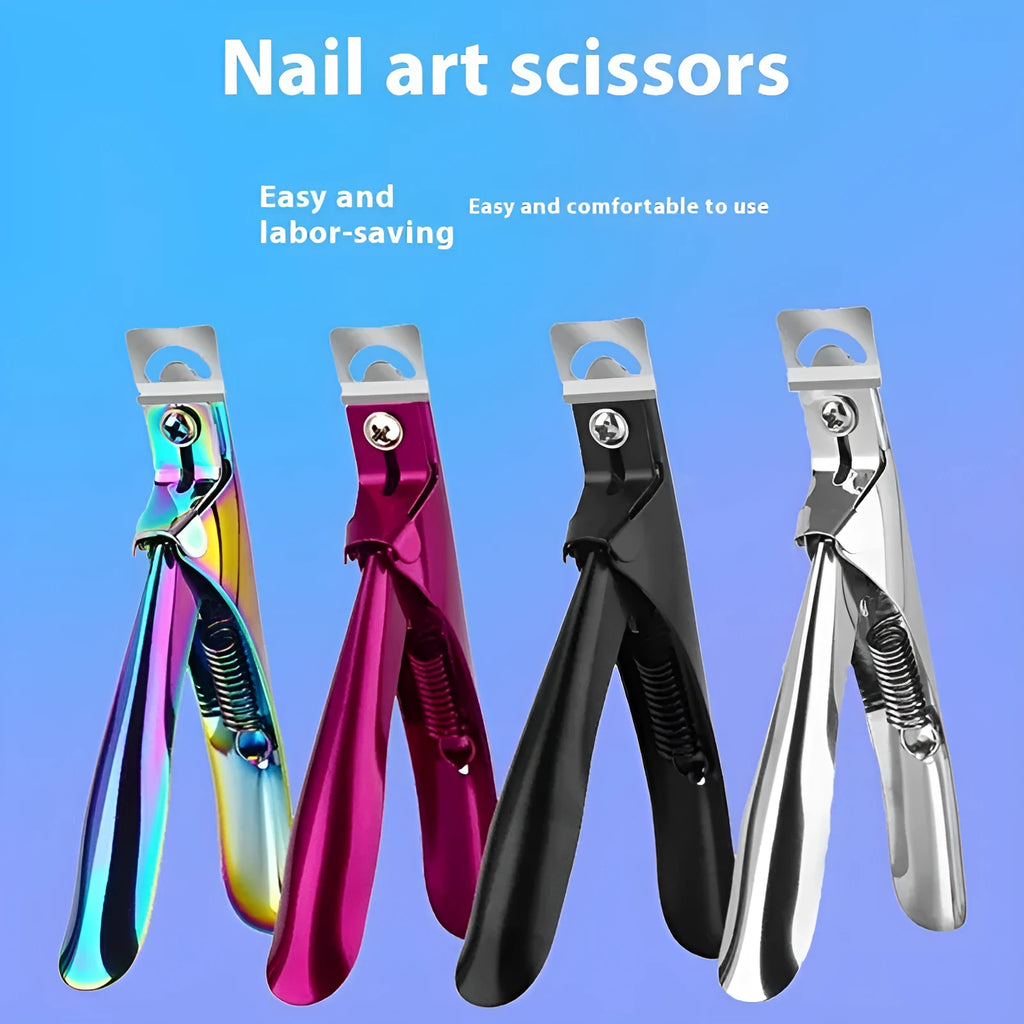 Stainless steel French U-shaped nail art scissors with electrophoresis black handle on white background