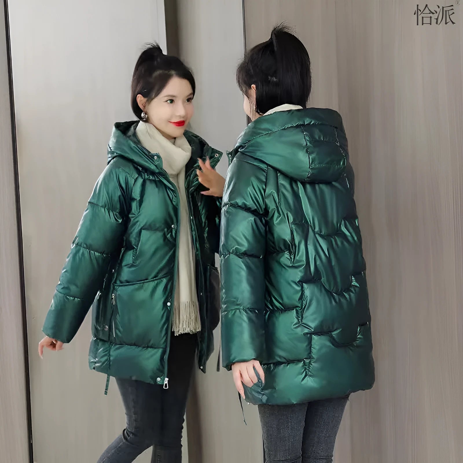 Women's loose thick hooded winter jacket in acrylic fabric, shown in black, blue, champagne, or green.