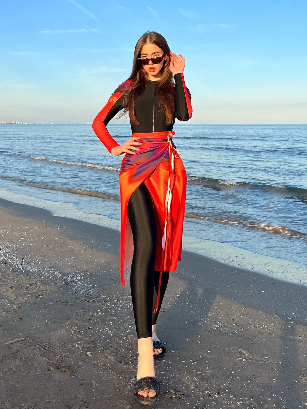 Women's conservative style polyester swimsuit three-piece set in colour 427Style