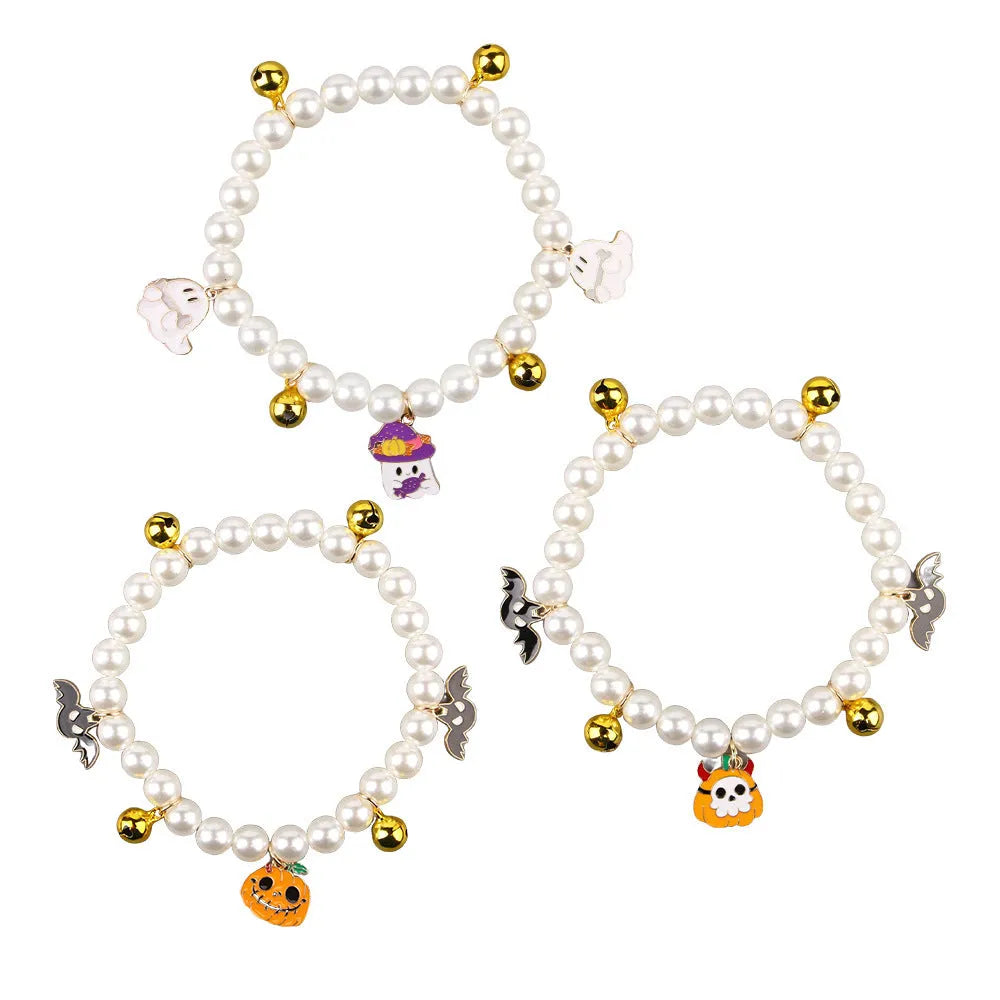 Halloween cat collar with simulated pearl necklace design showing pumpkin pattern variations