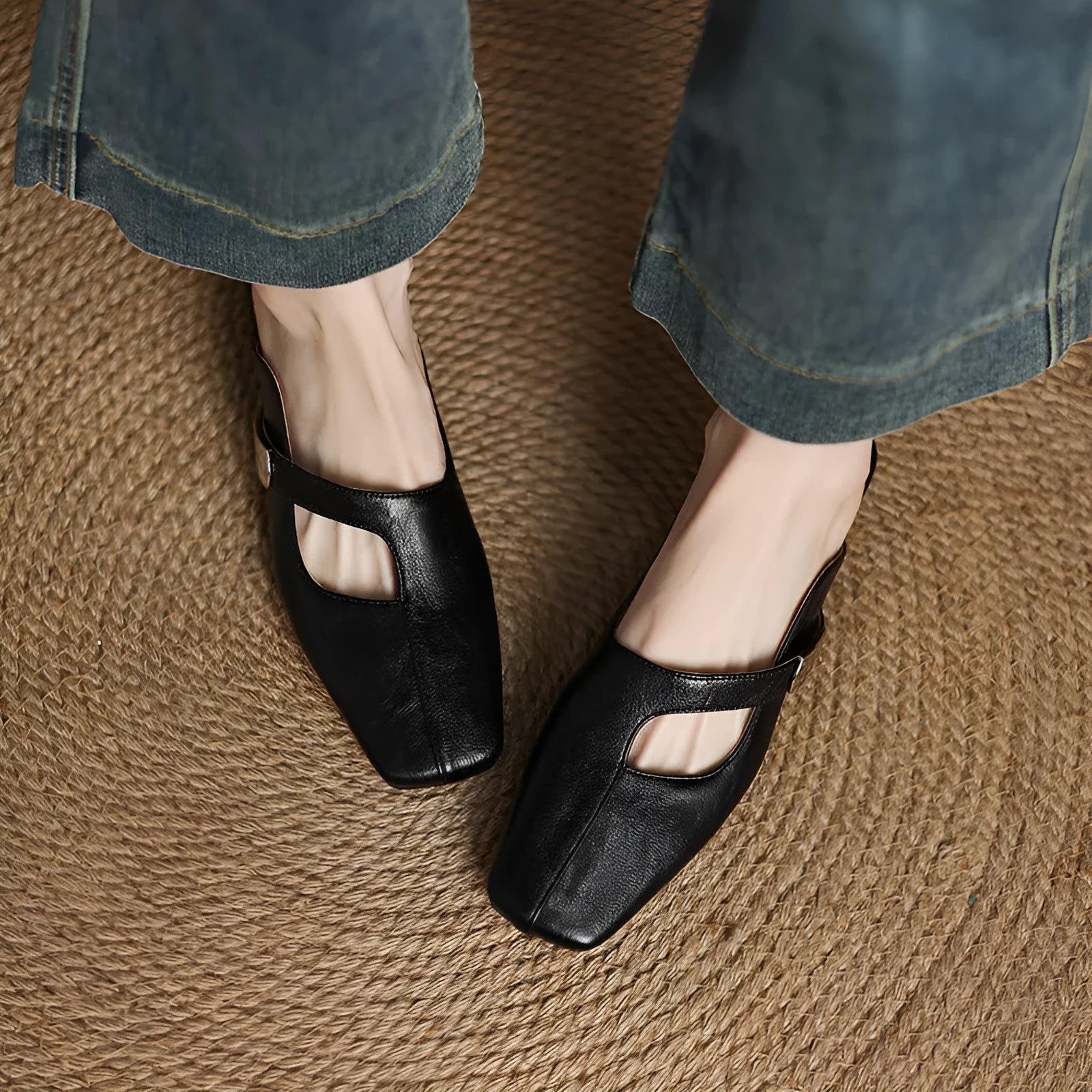 Women's square-toe outdoor slippers in black with a low heel and rubber sole.