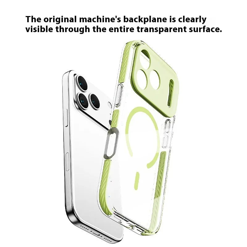 Transparent magnetic iPhone protective case in candy green colour showing front and back view
