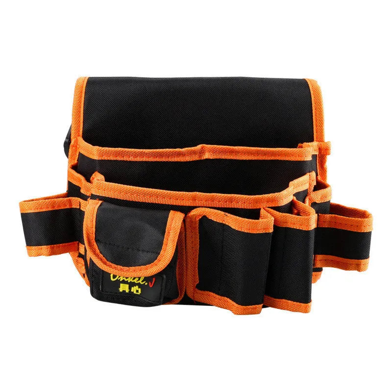 Orange canvas tool belt bag with oxford cloth outer, 564mm length, and 10kg load capacity on a construction site