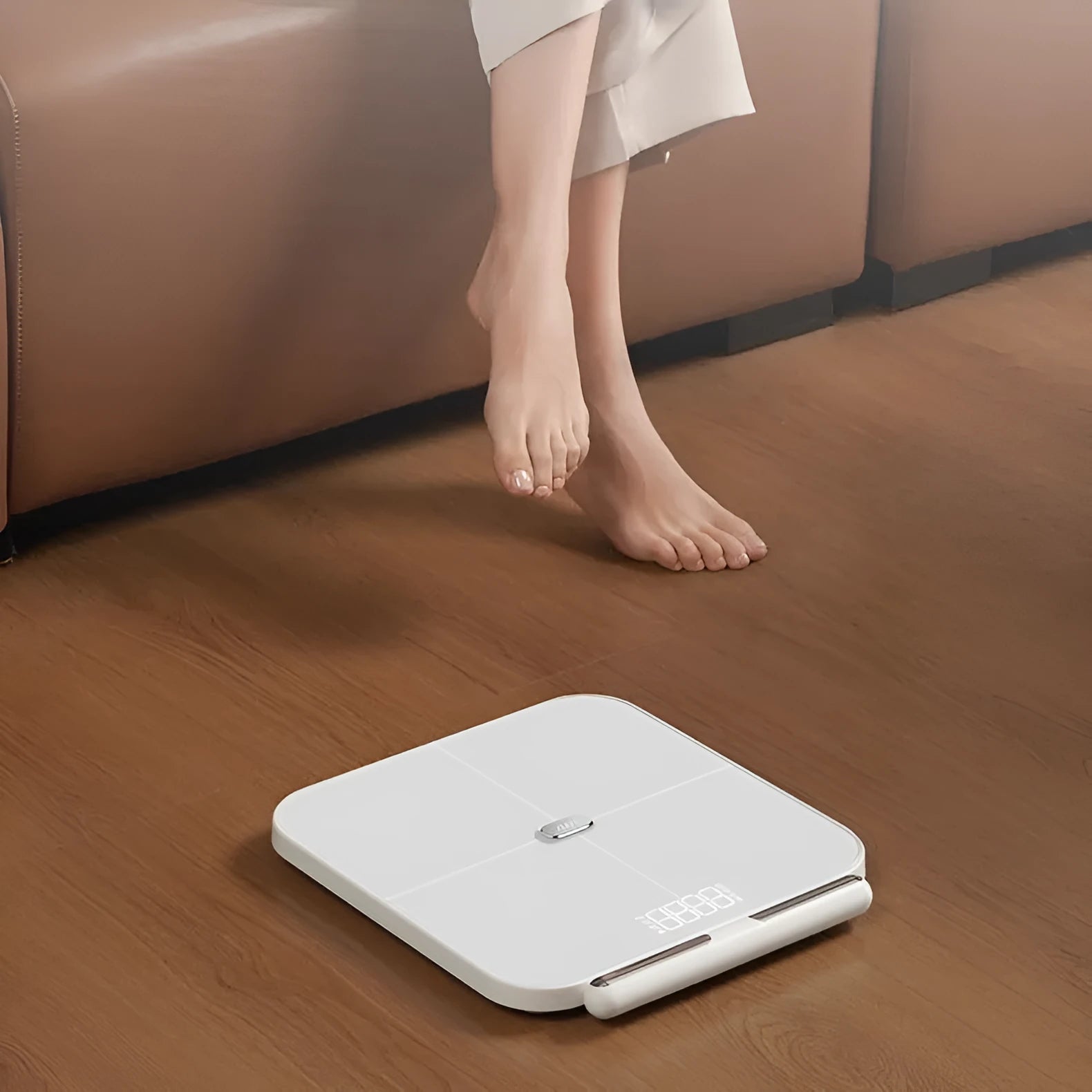 White body fat scale with 8 electrodes and tempered glass platform showing LED display