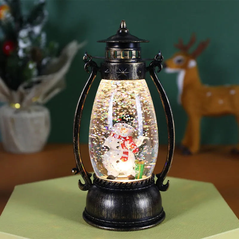 Plastic Christmas oil lamp desktop decoration with glowing crystal ball in snowman and elderly figure styles.