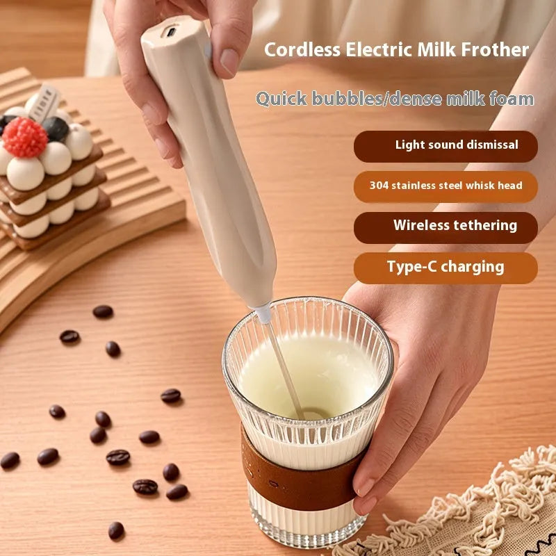 Mini milk frother with three-speed control, beige colour, Type-C charging, 304 stainless steel beater