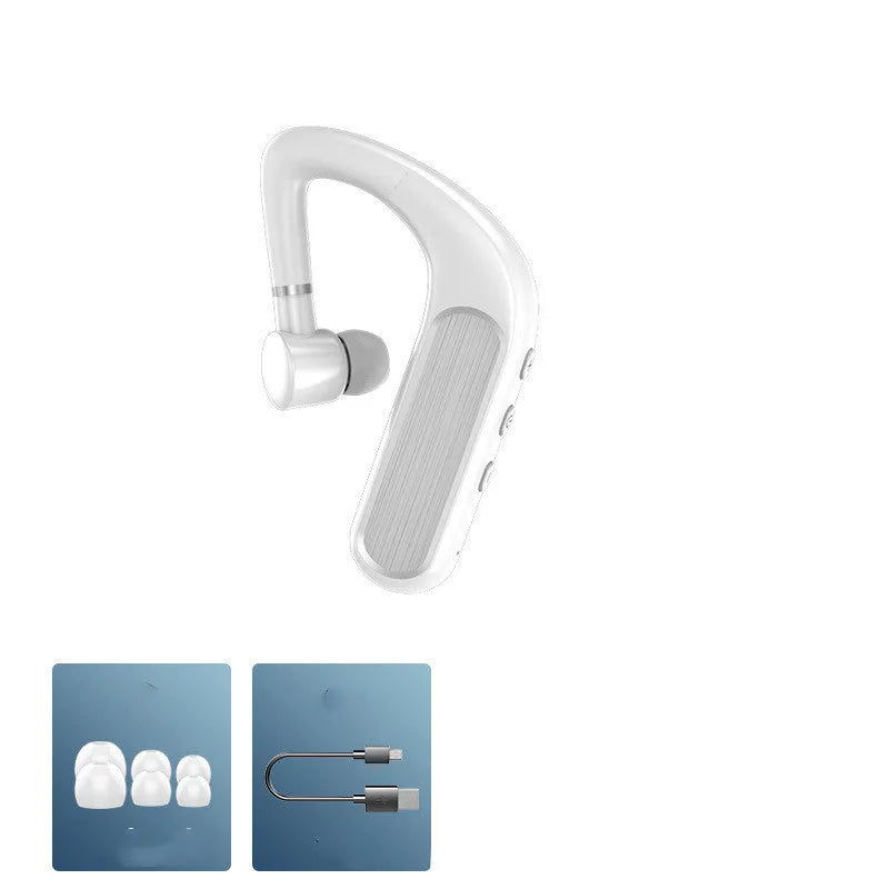 Black Bluetooth hanging-ear earphones with silicone ear caps, shown alongside charging cable and additional ear cap sizes