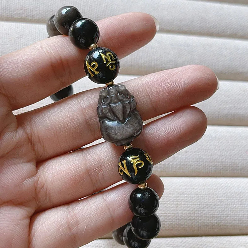 Men's Natural Silver Stone bracelet with zodiac charm and proverb beads in Chinese style.