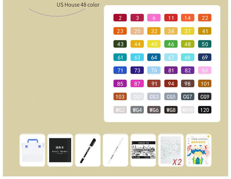 48-colour oily soft-tip marker set with round and oblique heads for hand-painted design work