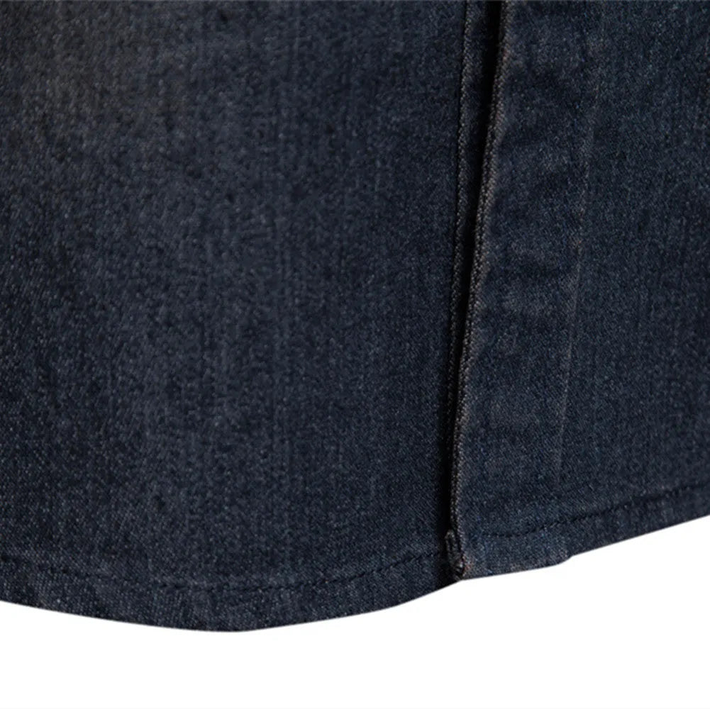 Men's slim fit long sleeve denim shirt in a solid colour on a hanger.