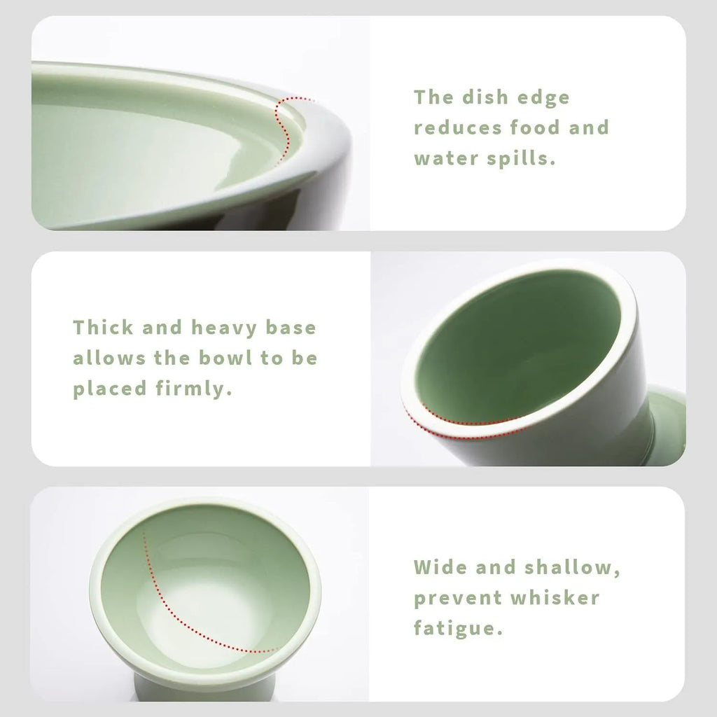 Ceramic elevated cat food bowl with wide shallow design in blue colour