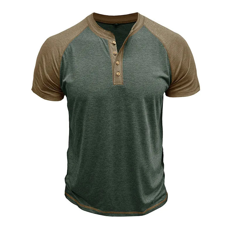 Men's short sleeve colour block pullover top with raglan sleeves on a mannequin.