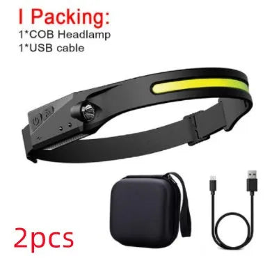 Black silicone USB rechargeable LED headlamp with side wave sensor, showing wide beam and long-range lighting.