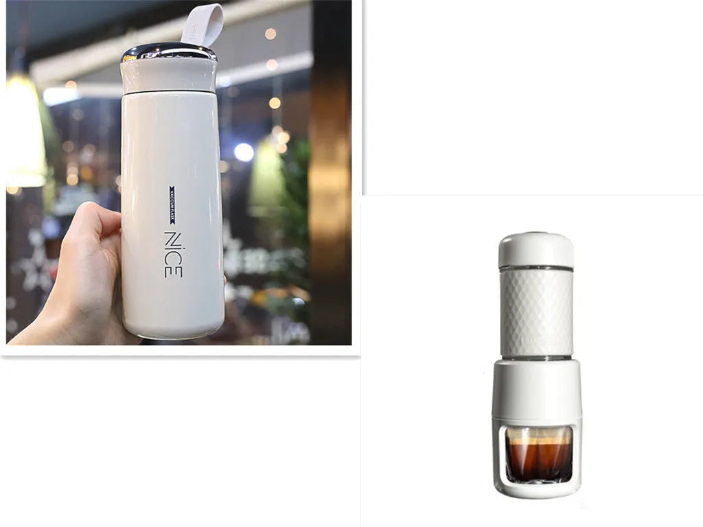 Portable manual espresso coffee machine in four colours with compact stainless steel design.