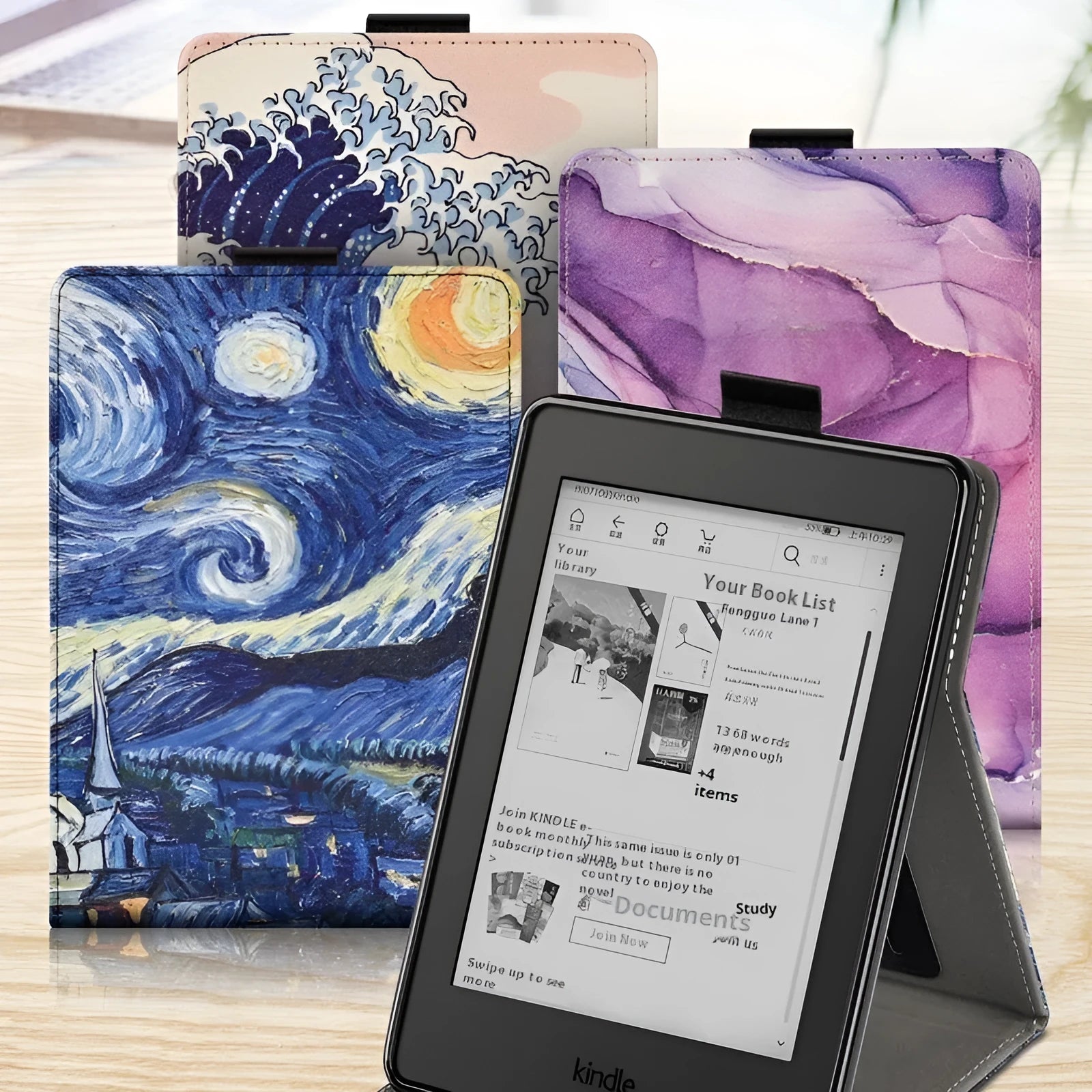 TPU protective case for Kindle with embossed bracket stand design in a selection of colours and patterns.