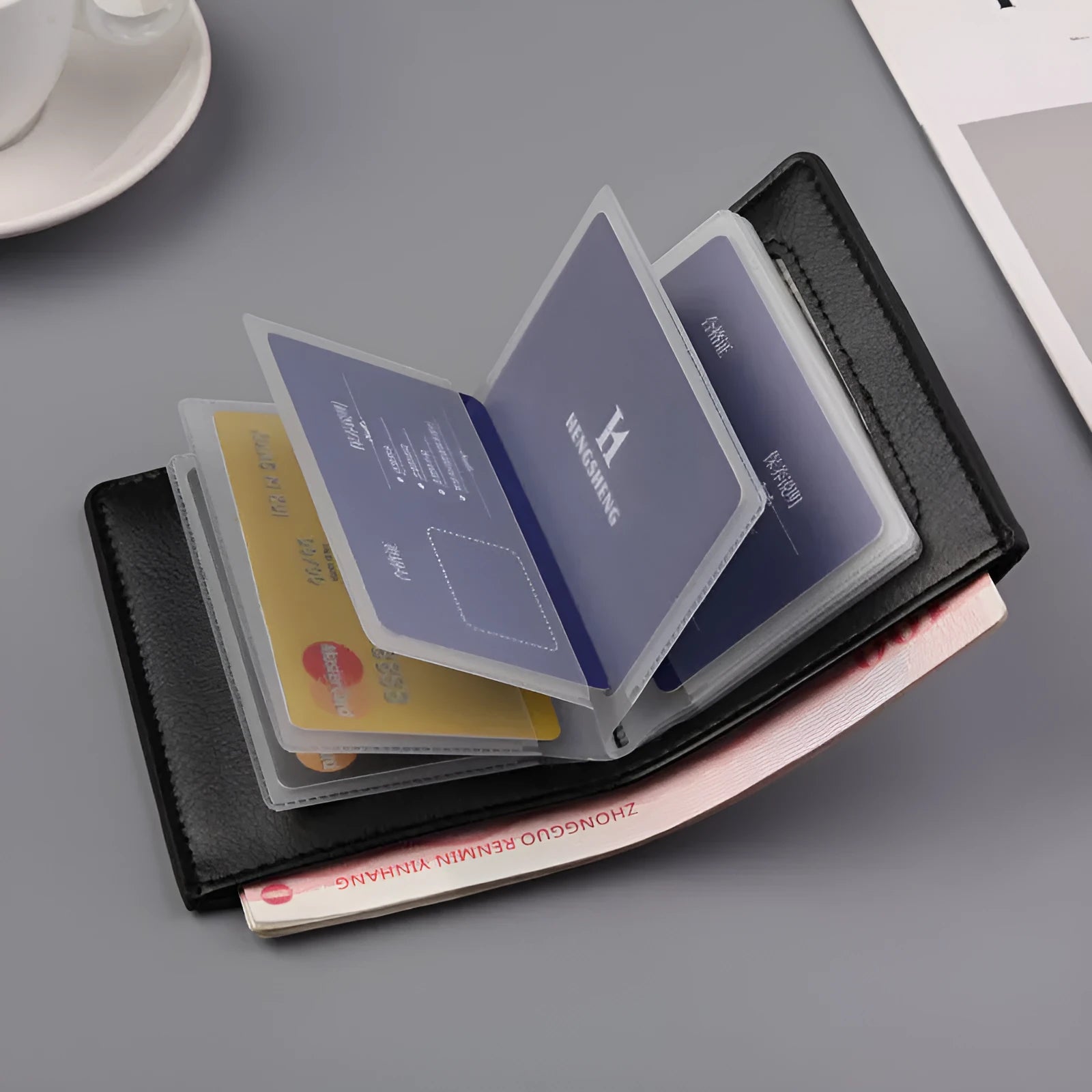 Men's thin PU leather two-fold wallet in black, 19 cm wide, with card slots and car suture stitching
