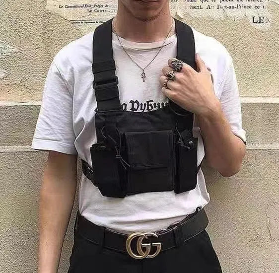 Black tactical tooling chest bag for men with striped pattern, Oxford cloth construction for travel use