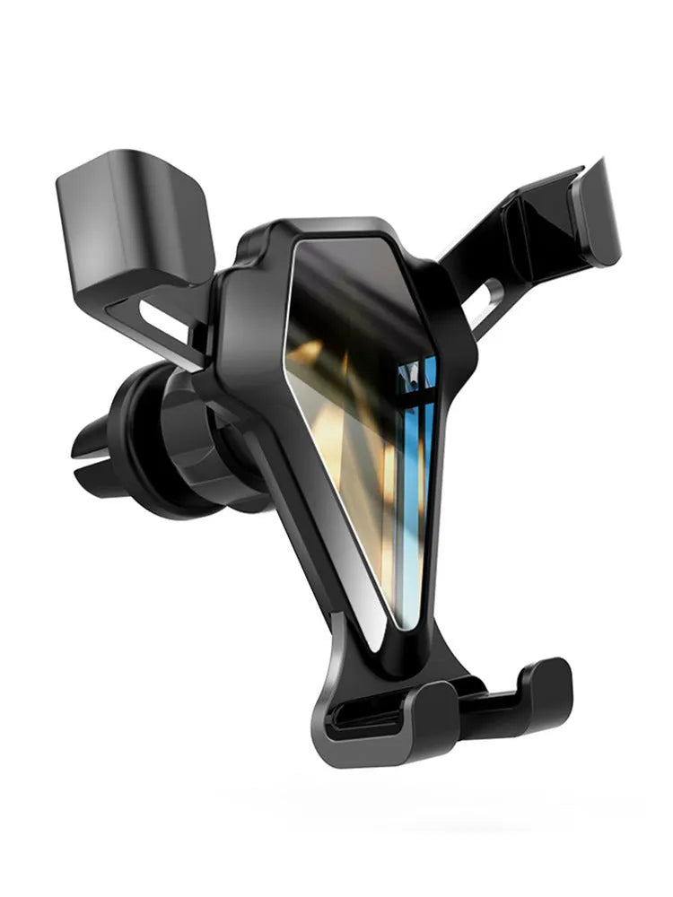 Universal smartphone car air vent mount in Elegant Black with silicone steel core and alloy structure, clipped to a vehicle air vent