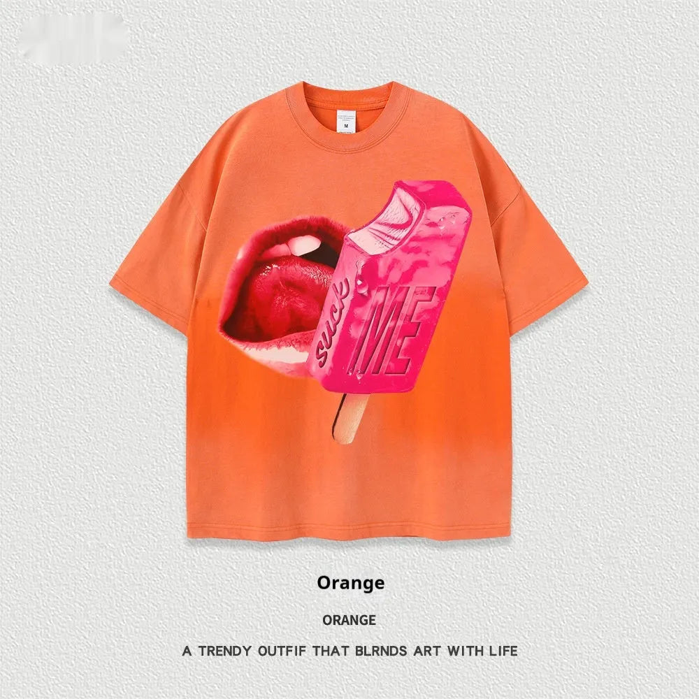 Heavy washed cotton street t-shirt with cartoon pattern in loose fit on mannequin