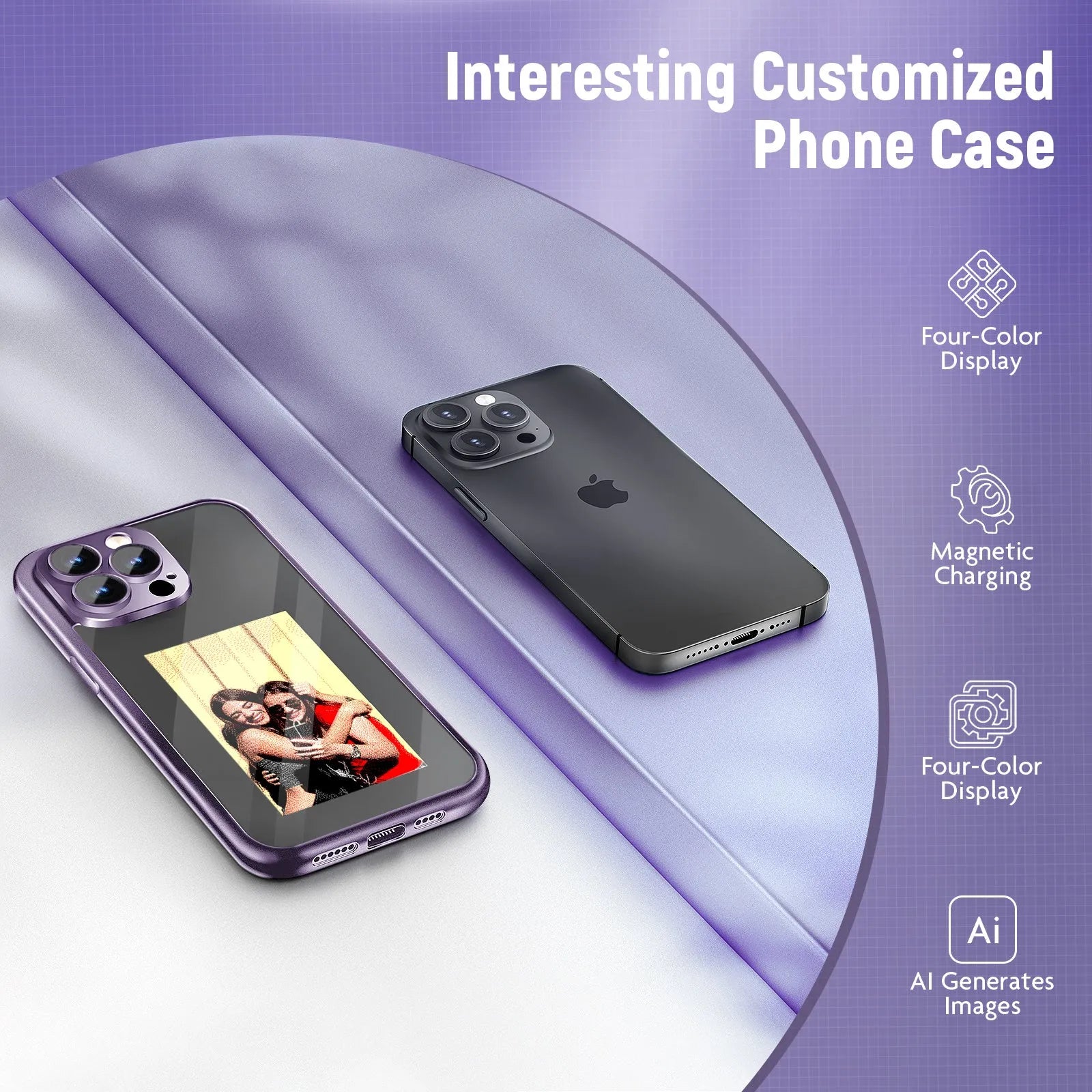 Black iPhone 15 Pro Max flip case with NFC ink screen showing custom text