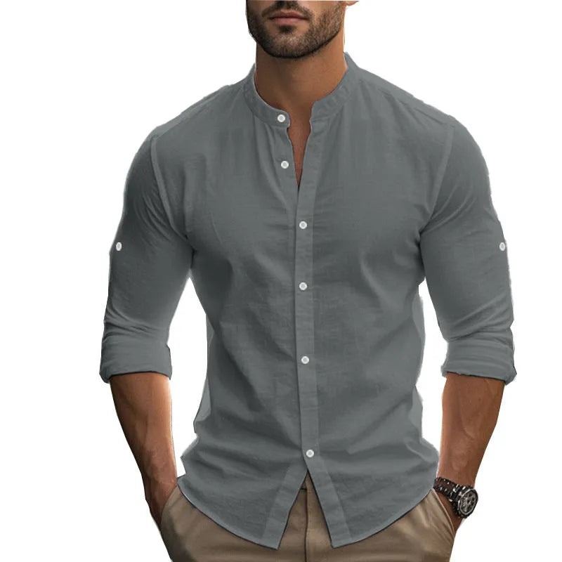 Men's long sleeve standing collar slim fit casual cotton shirt in five colours