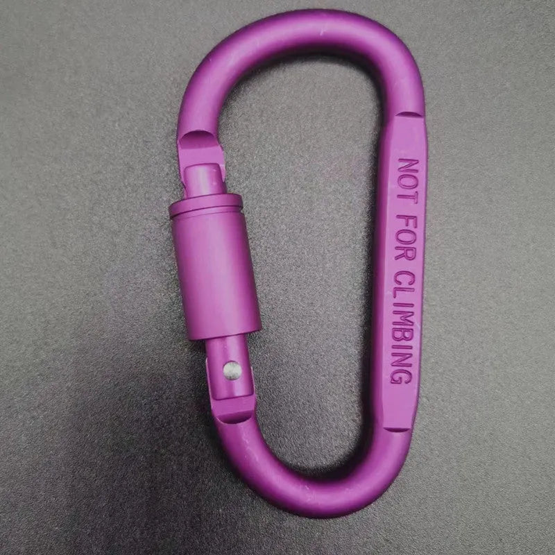 Silver D-shaped aluminium locking carabiner with an 8cm profile on a grey background.