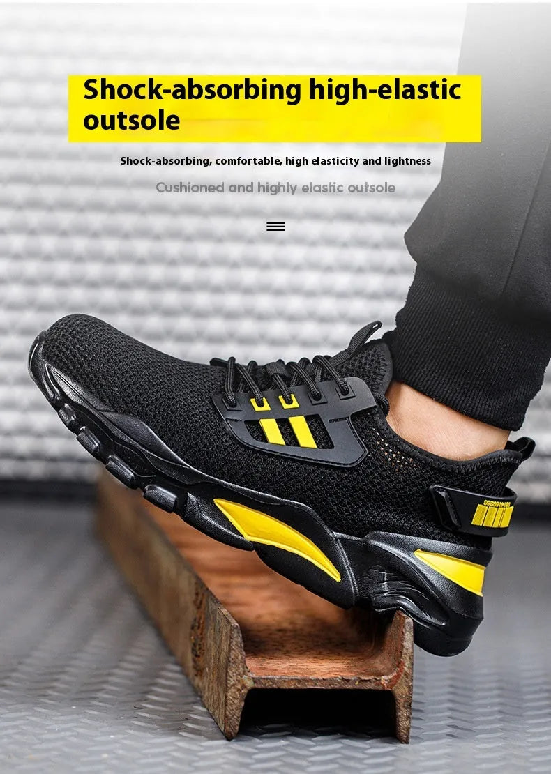 Men's low-top Flyknit safety work shoes in black, featuring a steel toe cap.
