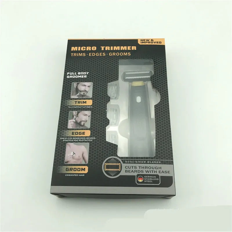 Black rechargeable men's precision shaver with LED light on and stainless steel blades.
