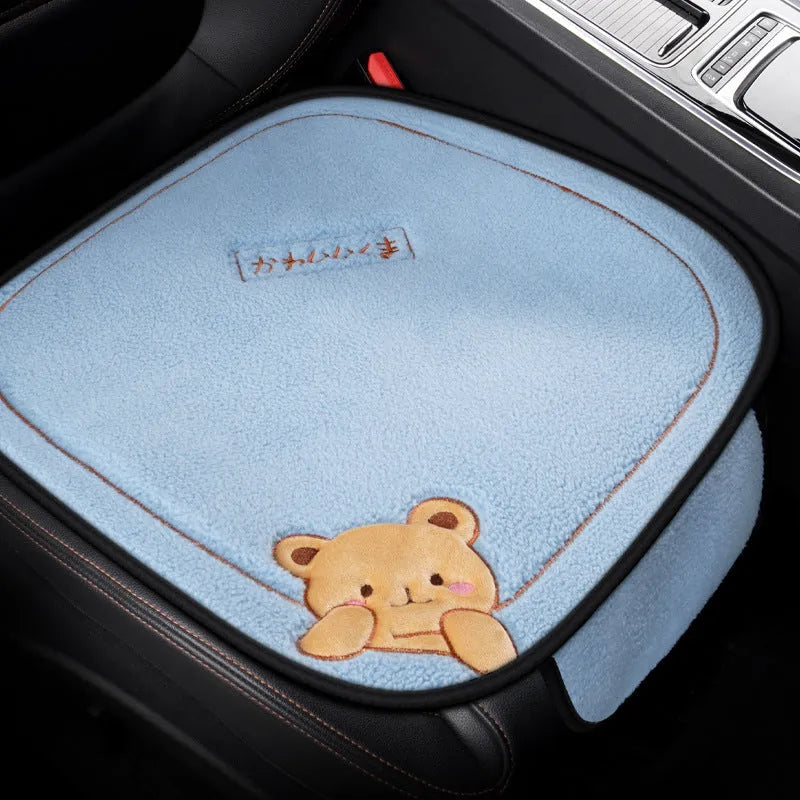 Car cushion winter plush three-piece set with square cushion and lumbar support pillow in trendy bear design