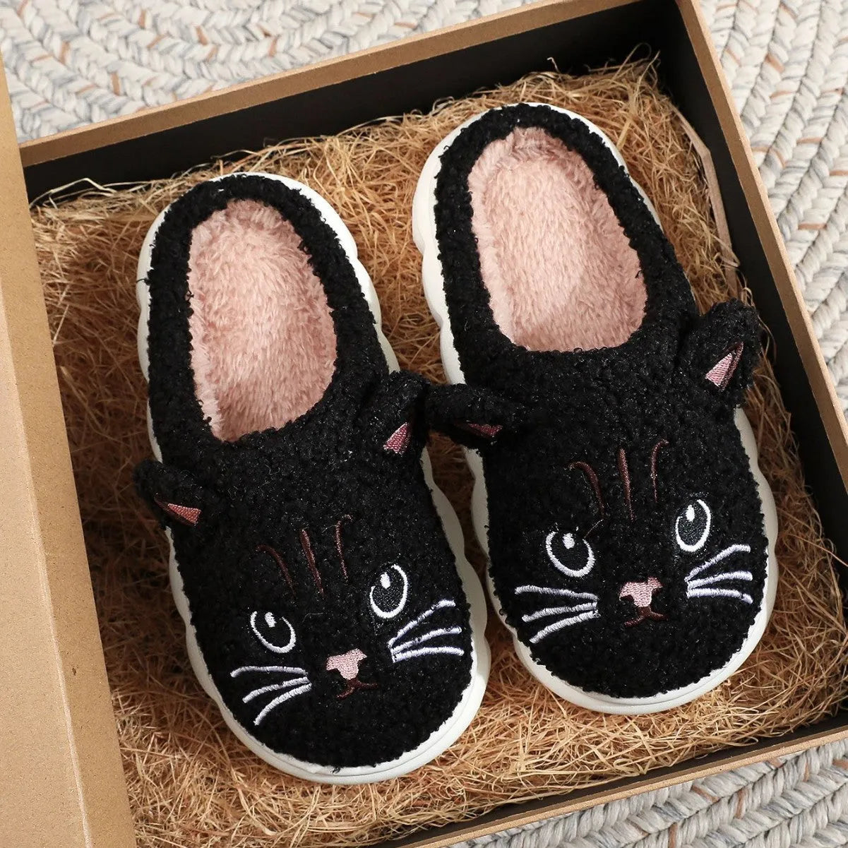 Cartoon cat fluffy slippers with plush upper and EVA sole in pink and gray colour options