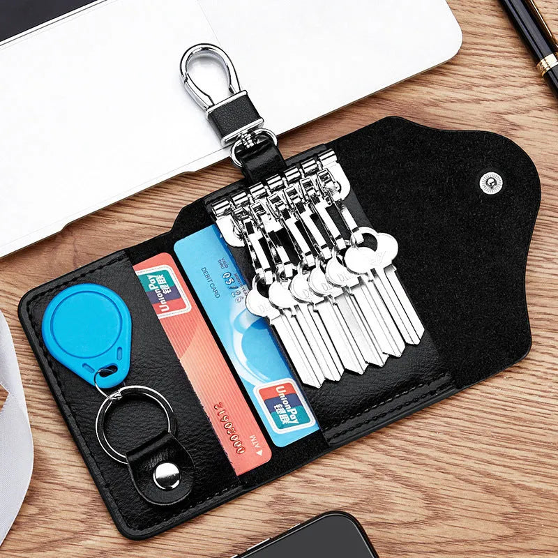 Genuine leather keychain card holder in a square vertical shape, shown in black with sequin details.