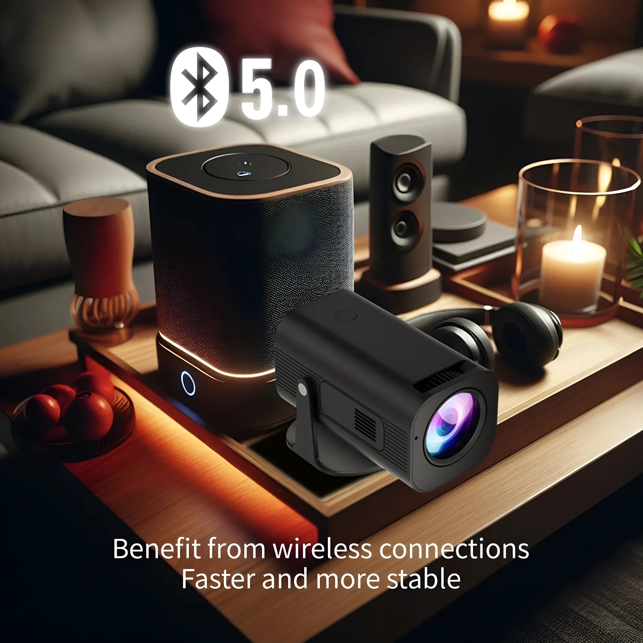 P330 portable mini projector in black or white colour with remote control on a table.