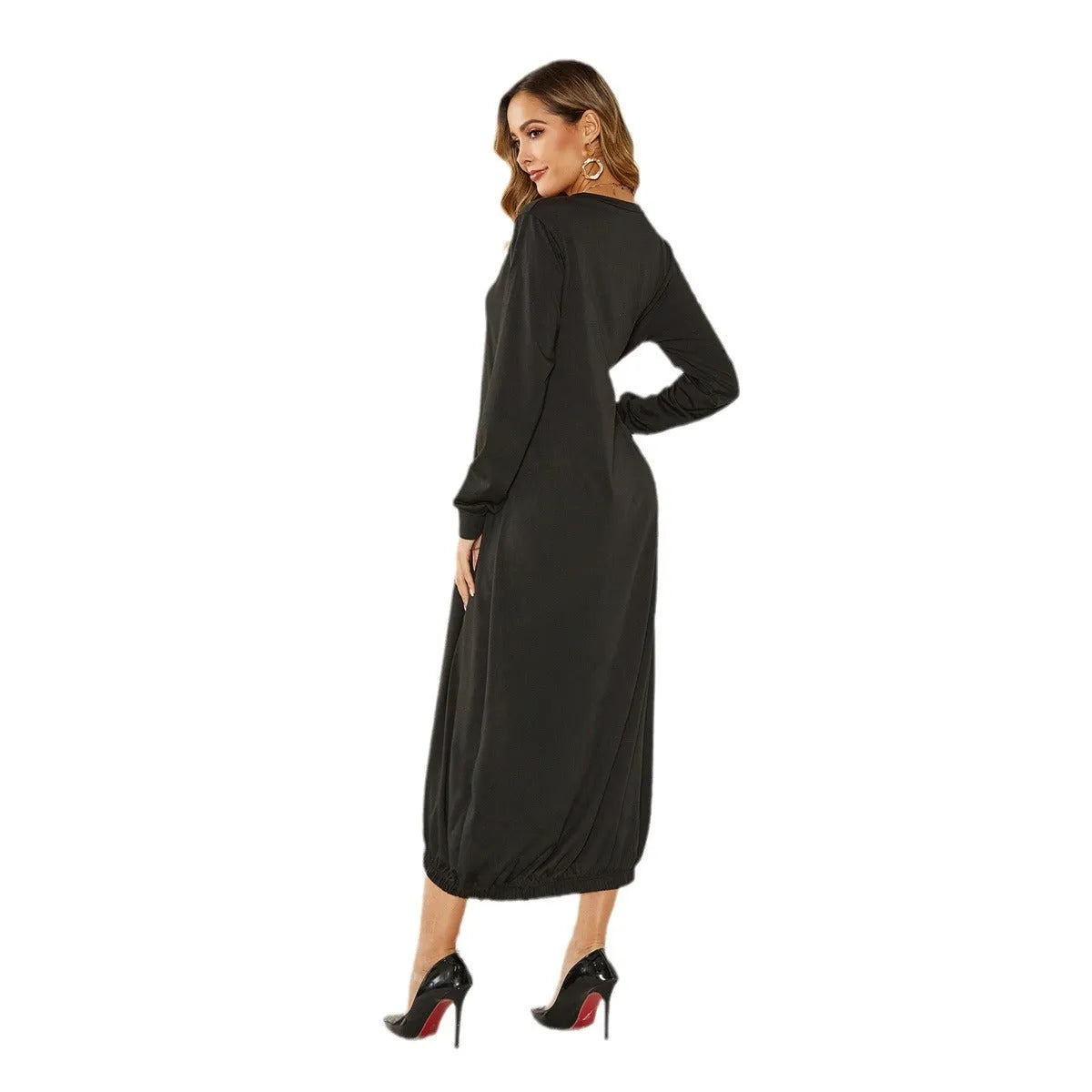 Black loose lantern dress with lace-up crew neck, polyester knit fabric, Japanese Korean casual style