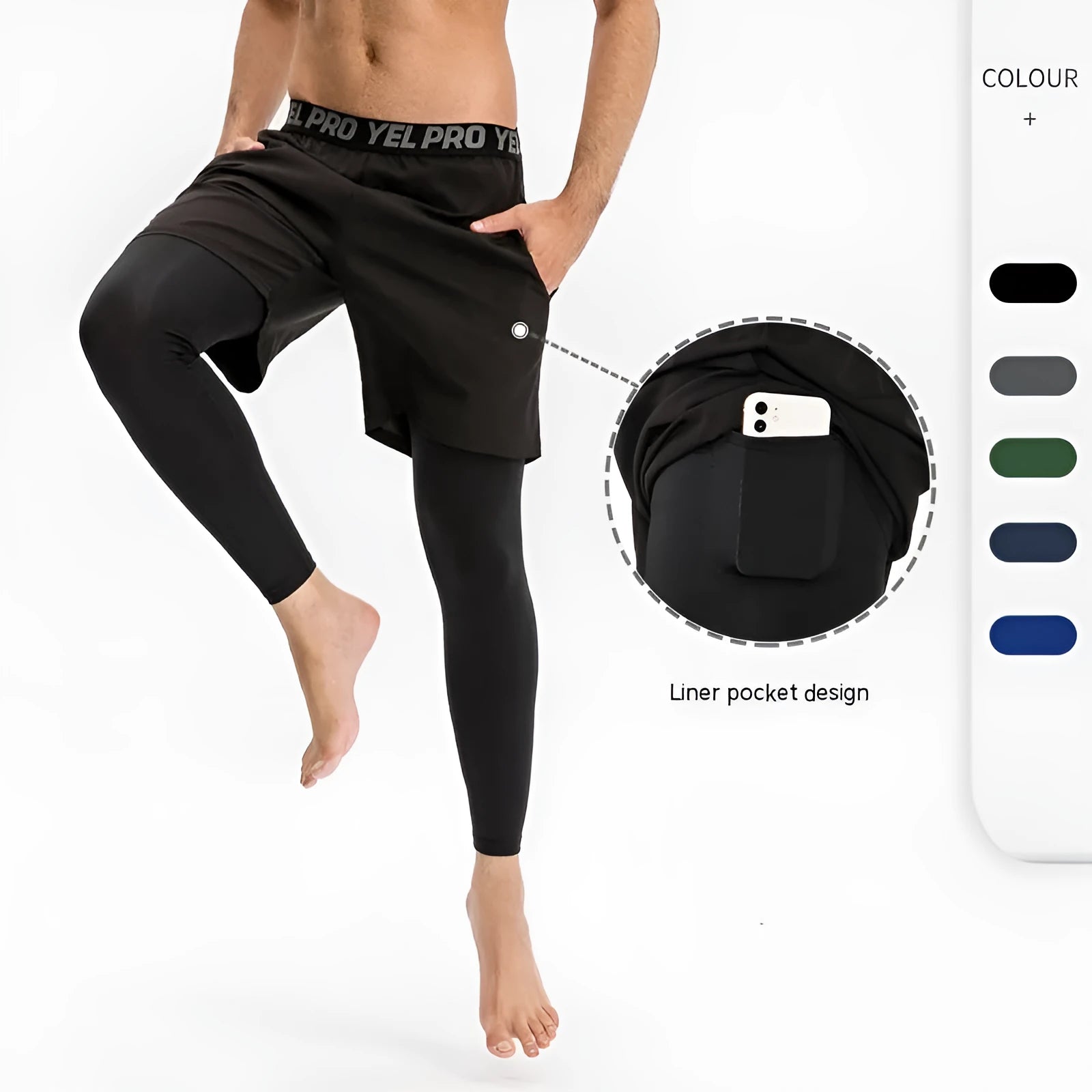 Men's grey quick-drying high elastic tight pants for running and fitness training.