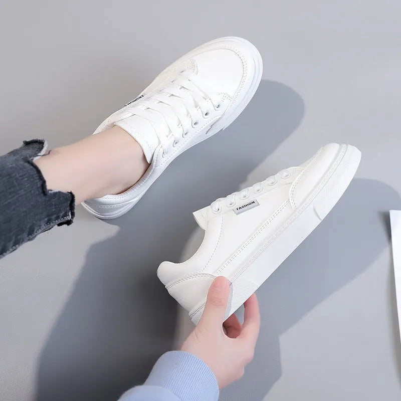 Korean style white and brown low-top women's sneakers with PU upper and plastic sole on size chart.