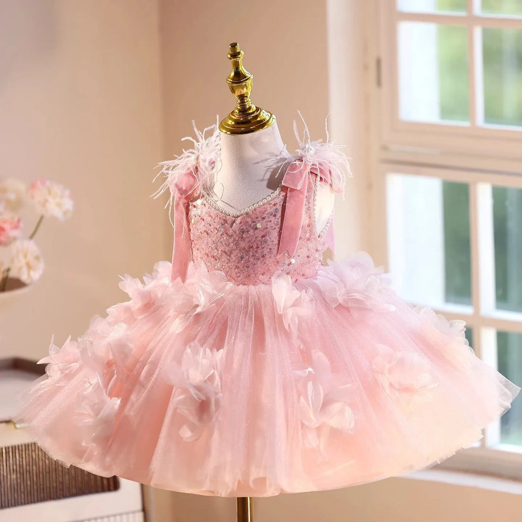 Pink polyester princess dress for girls, fits height 80-150cm, piano recital wear