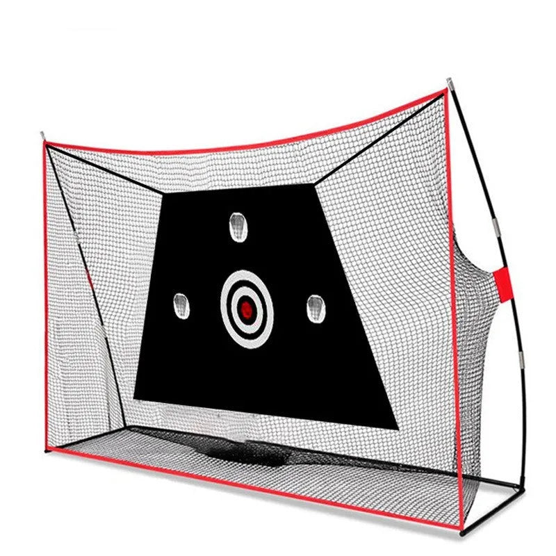 Golf swing wedge training net with straw mat and practice balls set up for chip shot practice