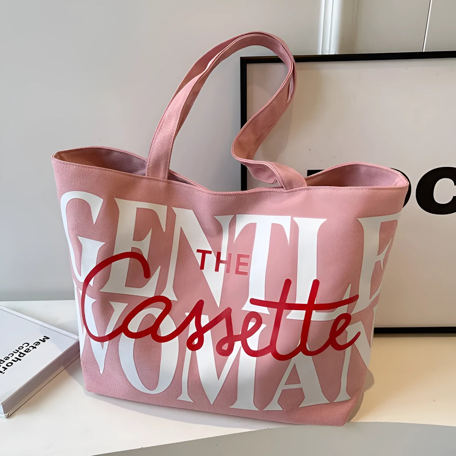 Letter printed canvas tote bag in off white with car stitching detail and top handles