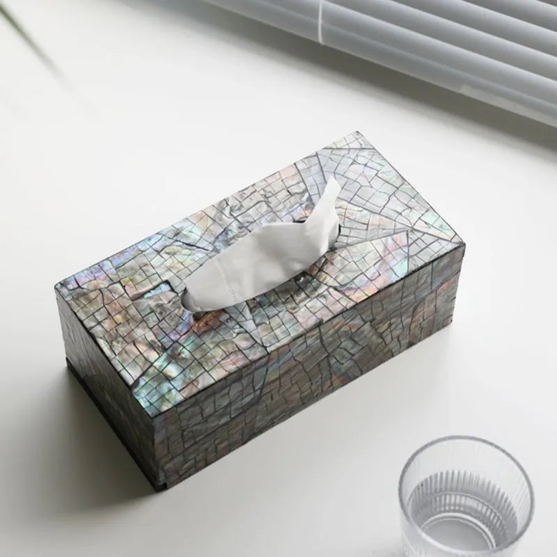 Modern minimalist rectangular shell storage box with removable organiser for tissues and small items.