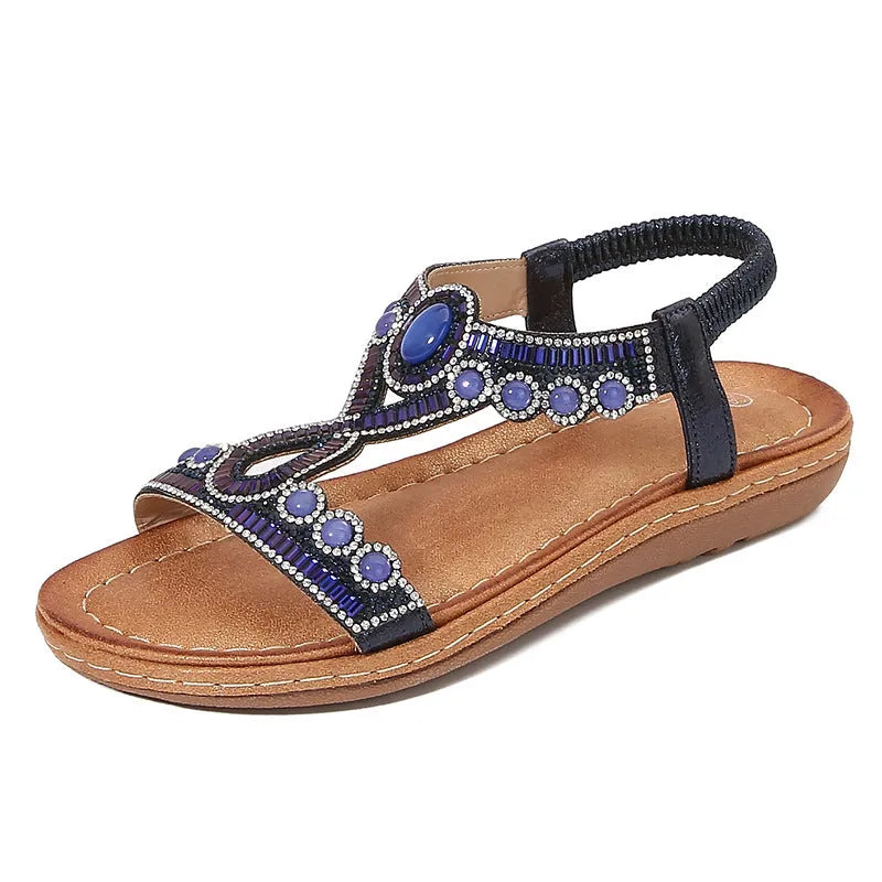 Women's frosted bohemian sandals with rhinestone decoration, elastic band, and solid colour PU upper