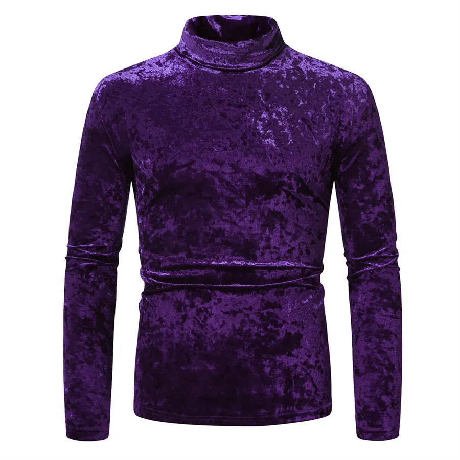 Men's velvet high-neck long-sleeve undershirt in solid colour slim-fit polyester pullover
