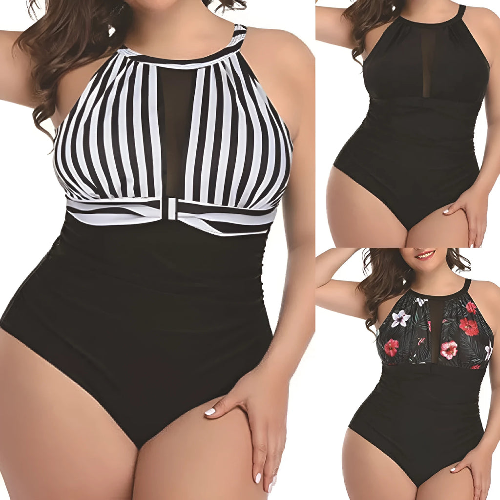 Women's black lace one-piece swimsuit on a hanger, with red floral and striped pattern options shown