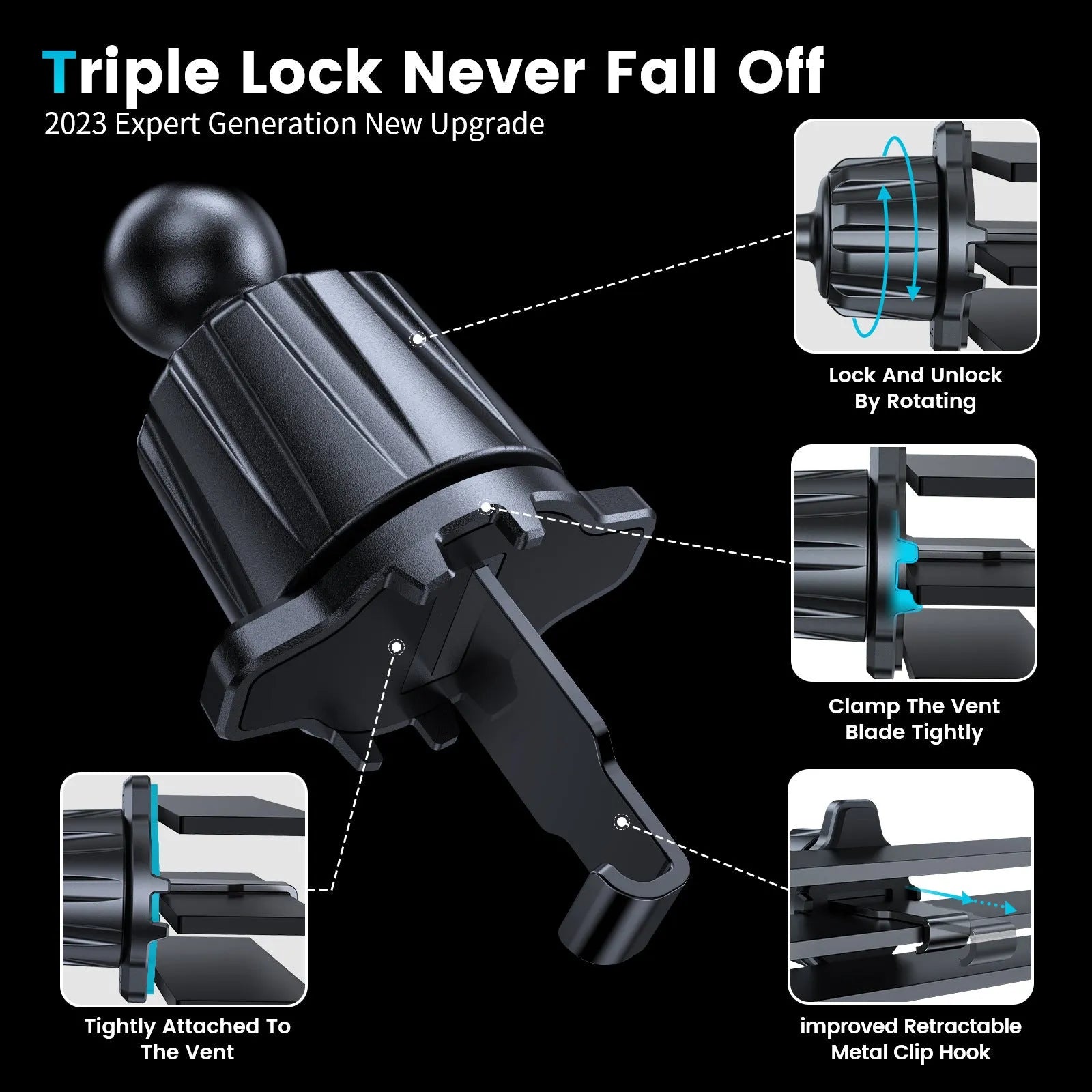Universal rechargeable car phone holder clipped to air vent, M06-AV6S colour